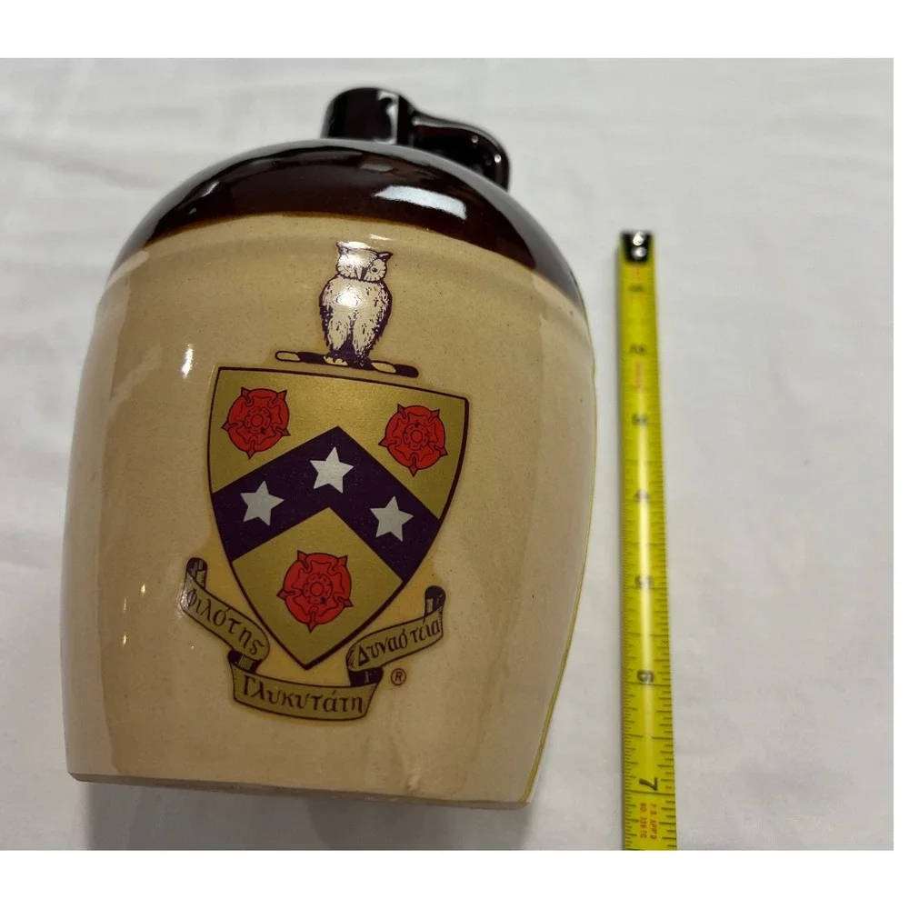 Vintage Rice University Owl Crest Stoneware Jug Decanter Brown Owl‎ Pottery C22